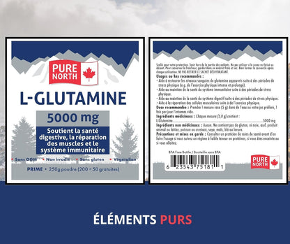 Pure North Naturals - L-谷氨酰胺 5000 毫克，250 克粉劑，50 份 - 腸道健康和消化健康 - 支持肌肉修復和支持免疫系統 - 經第三方測試 - 加拿大配製和製造