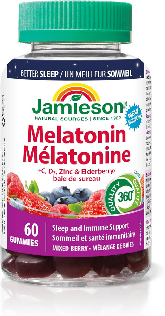 Jamieson 褪黑素 5 毫克 + 免疫软糖，天然混合莓果口味，富含维生素 C、维生素 D、锌和接骨木莓，有助于改善睡眠质量，增强免疫力。非转基因、无麸质、无人工香料……