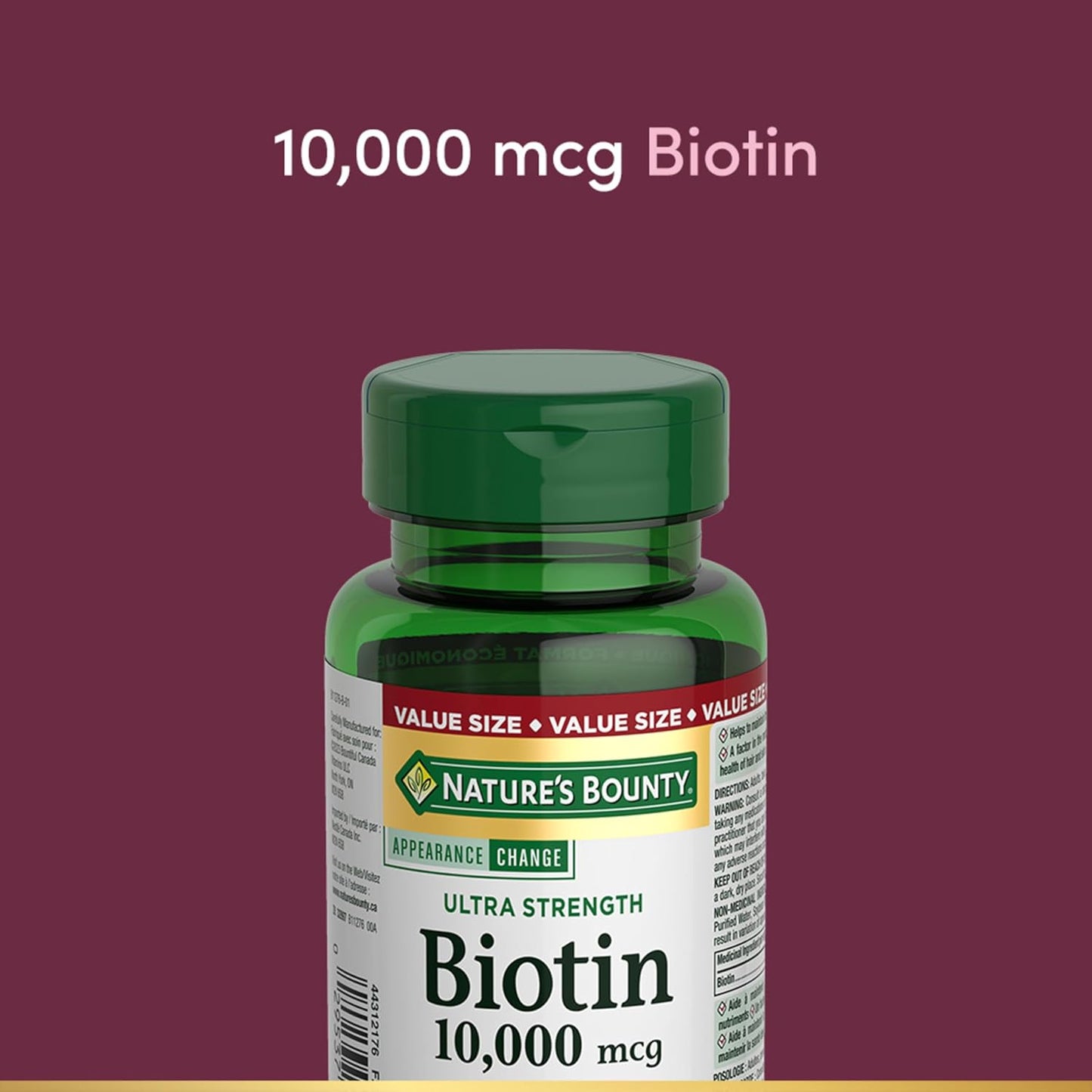 自然之宝生物素，超强效，10,000 微克，促进头发生长，使指甲更浓密、更健康，头发更浓密，皮肤更健康，帮助营养物质代谢，软胶囊，55.4 克