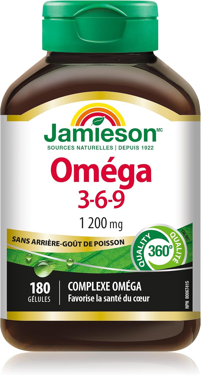 Jamieson Omega-3-6-9 1200 毫克，無魚腥味，魚油、琉璃苣油和亞麻籽油。支持心臟和大腦健康，富含 EPA、DHA 和 ALA，非基因改造，無麩質，180 粒軟膠囊，加拿大製造