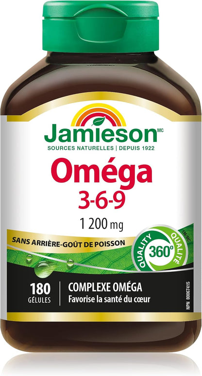 Jamieson Omega-3-6-9 1200 毫克，無魚腥味，魚油、琉璃苣油和亞麻籽油。支持心臟和大腦健康，富含 EPA、DHA 和 ALA，非基因改造，無麩質，180 粒軟膠囊，加拿大製造