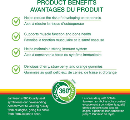 Jamieson Calcium 250 mg with Vitamin D3 400 IU Gummies, Cherry, Strawberry, and Orange Flavours, Helps Prevent Osteoporosis, Supports Strong Bones and Teeth. Non-GMO, Gluten-Free, No Artificial Colours, Flavours, or Pres…