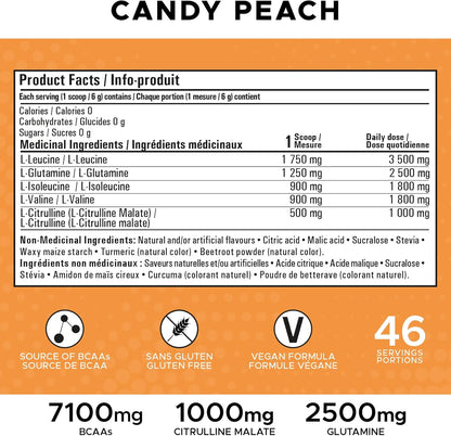 Revolution Nutrition, BCAA Splash，BCAA 粉，純素配方，零卡路里，無乳糖，肌肉恢復，運動後，7100 毫克支鏈氨基酸，1000 毫克瓜氨酸蘋果酸鹽，280 克，46 份（糖果桃子…