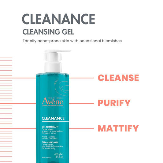 Eau Thermal Avène Cleanance Cleansing Gel for Face and Body, natural cleanser for acne-prone skin , biodegradable, bottle, 400 ml
