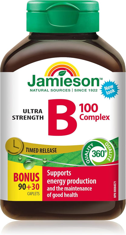 Jamieson 维生素B100复合胶囊，缓释，超强效，天然补充能量，促进新陈代谢。素食，非转基因，无麸质，120粒，加拿大制造