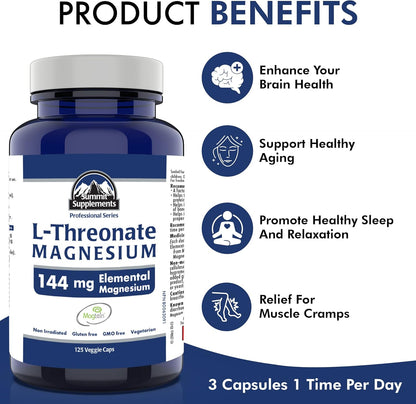 加拿大製造，抗塑膠污染 - Magtein L-蘇糖酸鎂 125 粒素食膠囊，41 天用量 - 促進大腦健康，促進健康睡眠和放鬆 - 經第三方測試 - 加拿大配方和製造