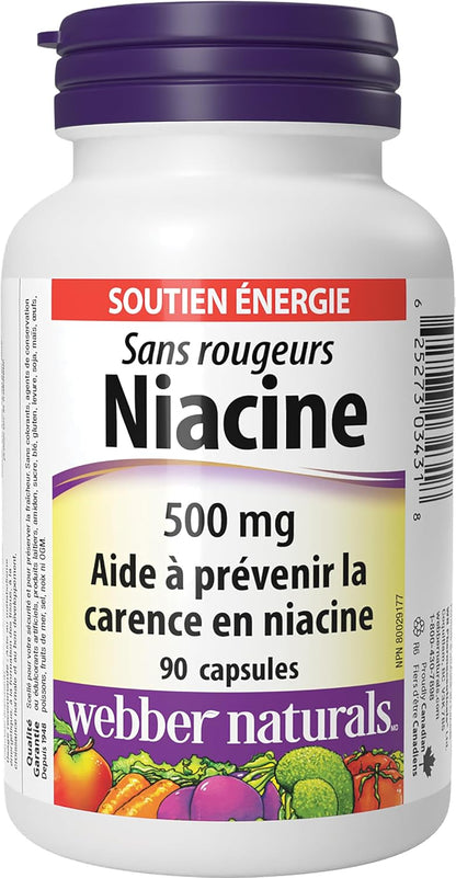 Webber Naturals Niacin 500 mg, 90 Capsules, No Flush, Vitamin B3 Supplement, Supports Energy Production and Metabolism