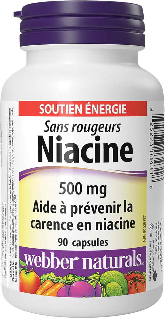 Webber Naturals Niacin 500 mg, 90 Capsules, No Flush, Vitamin B3 Supplement, Supports Energy Production and Metabolism