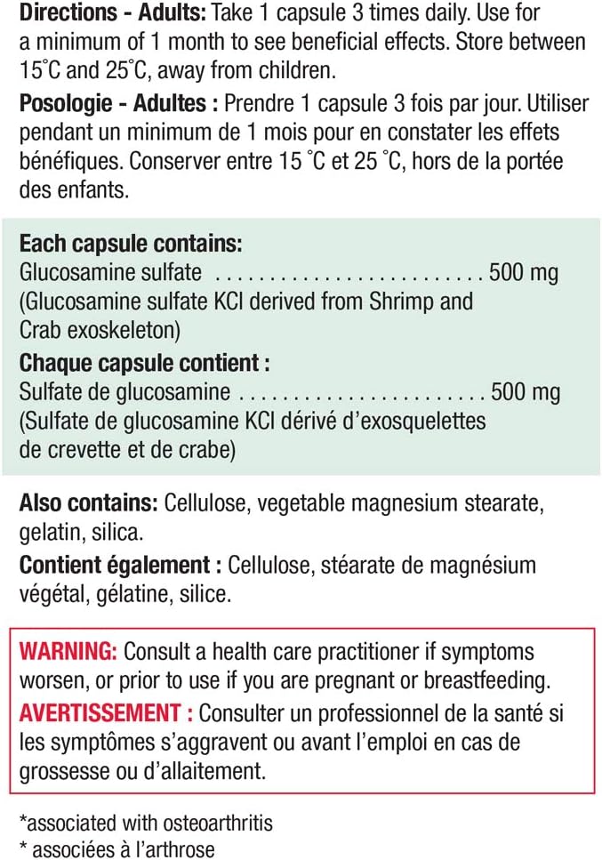 Jamieson 葡萄糖胺 500 毫克，缓解关节疼痛，支持骨关节炎，并防止软骨退化。非转基因，无麸质，360 粒胶囊，加拿大制造