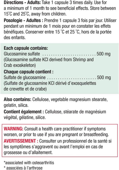 Jamieson 葡萄糖胺 500 毫克，缓解关节疼痛，支持骨关节炎，并防止软骨退化。非转基因，无麸质，360 粒胶囊，加拿大制造