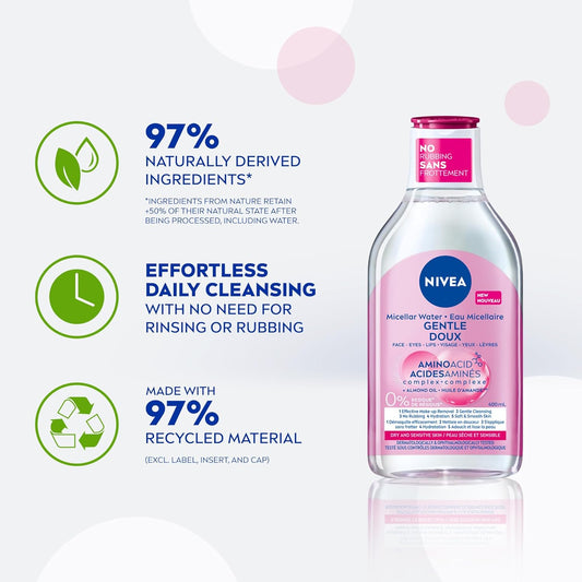 NIVEA Micellar Water Amino Acid Complex for Dry and Sensitive Skin | Cleanser and Makeup Remover | Face Wash | All-in-One Daily Cleanser | Micellar Water with Almond Oil | Soft and Smooth Skin