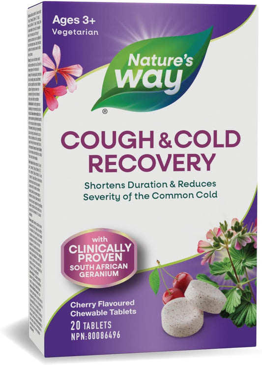Nature's Way 咳嗽感冒咀嚼片 – 经临床验证，缓解感冒和流感 – 支气管炎、喉炎和咽炎 – 素食天竺葵提取物 – 20 片