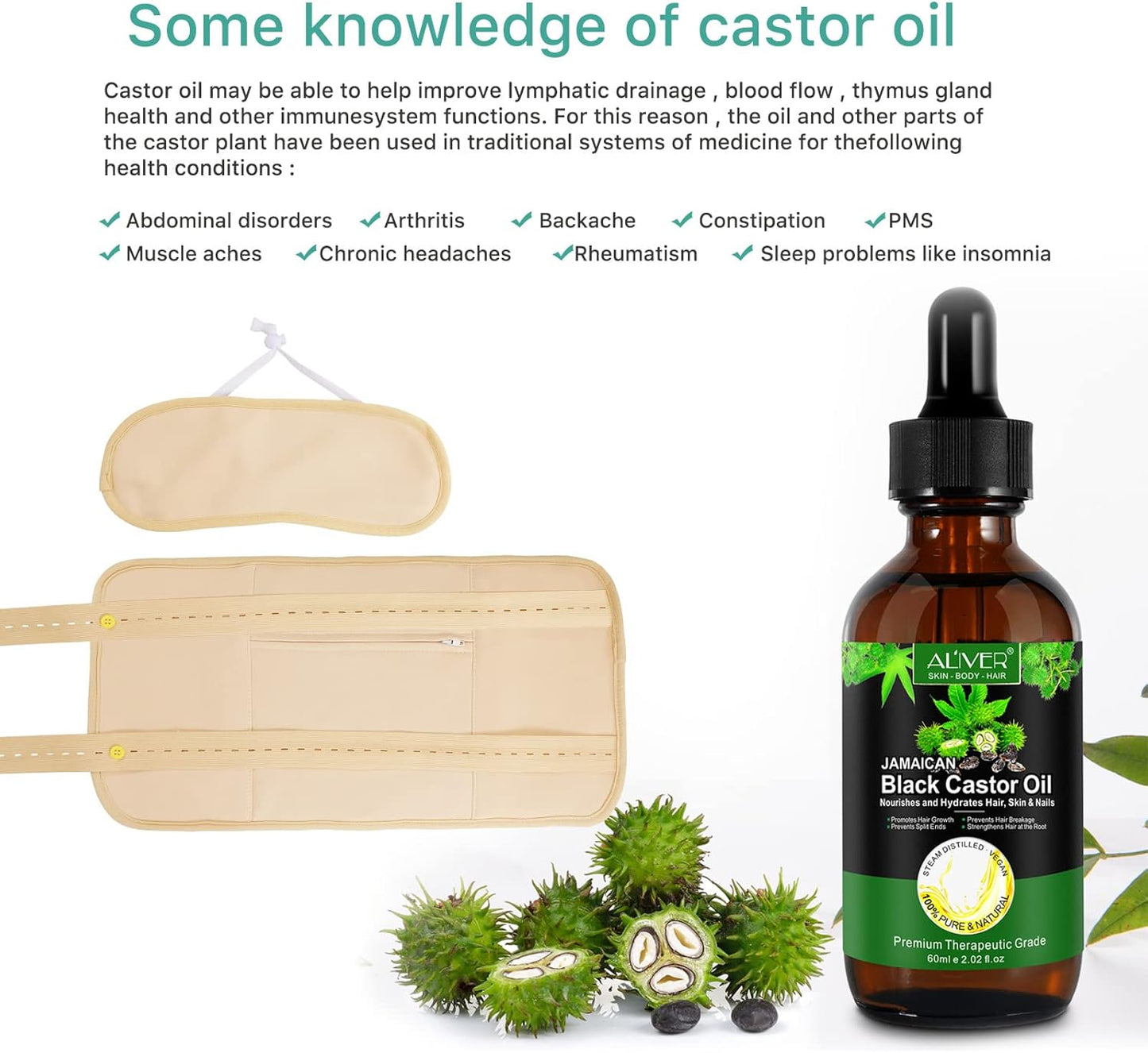 2 Pack Castor Oil Pack Wrap, Reusable Organic Castor Oil Pack Kit for Waist and Thyroid Neck, Castor Oil Packs for Liver Detox with Adjustable Elastic Strap Bamboo Cotton Machine Washable Anti Oil Leak (Premium Khaki Set)