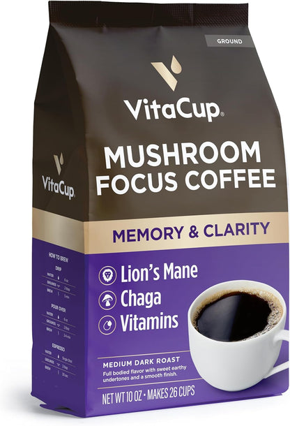VitaCup Focus 研磨蘑菇咖啡，含狮鬃菇、白桦茸和维生素，有助于增强免疫力和集中注意力，适用于滴滤咖啡机和法压壶，10 盎司