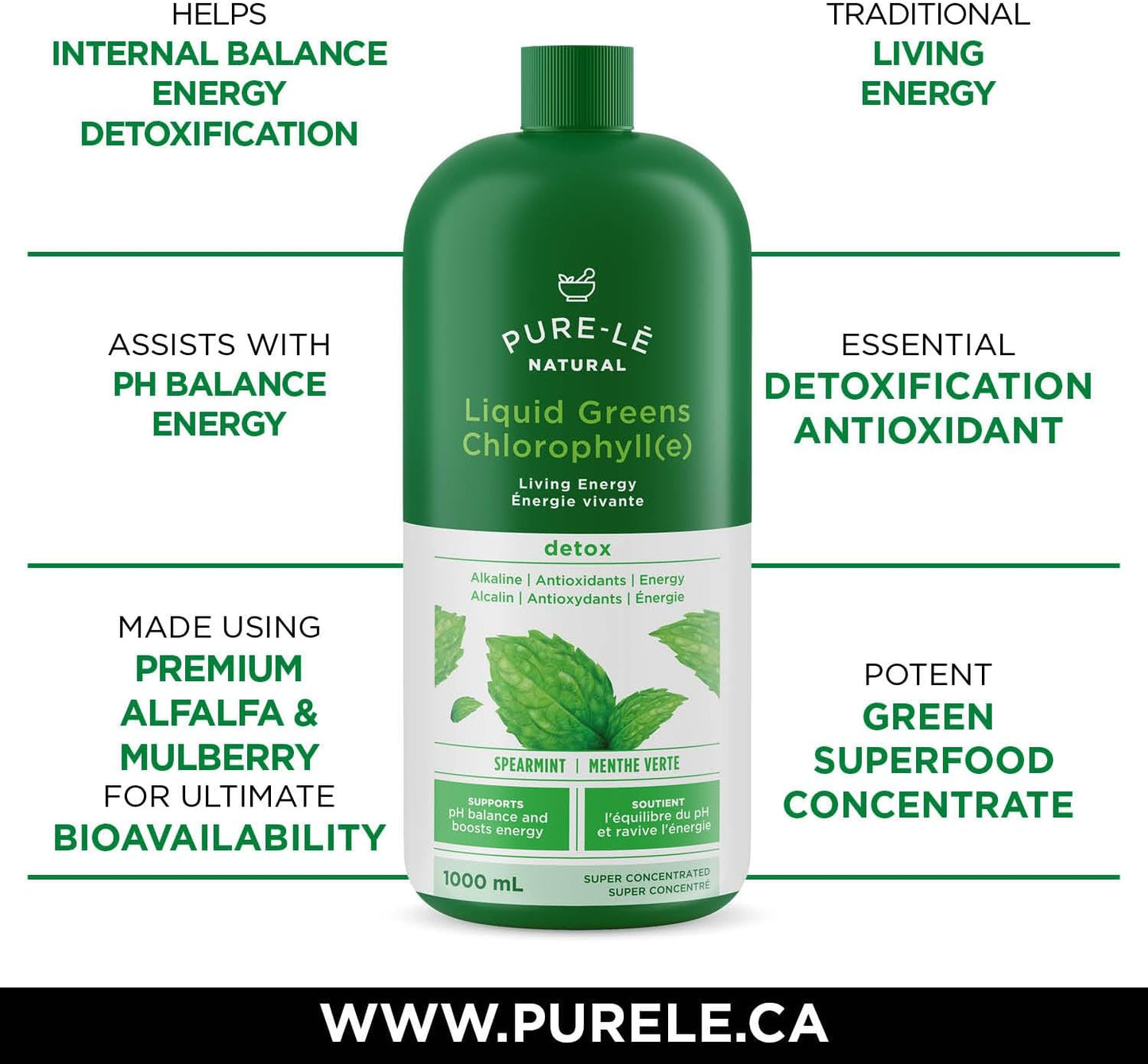 Pure-lē Natural Chlorophyll Liquid Greens | Organic (COR Certified), Gluten-Free, Vegan | Mint Flavor (1000 mL) – Natural Body Deodorant, Alkalizing & Antioxidant Support