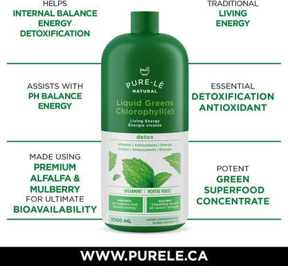 Pure-lē Natural Chlorophyll Liquid Greens | Organic (COR Certified), Gluten-Free, Vegan | Mint Flavor (1000 mL) – Natural Body Deodorant, Alkalizing & Antioxidant Support