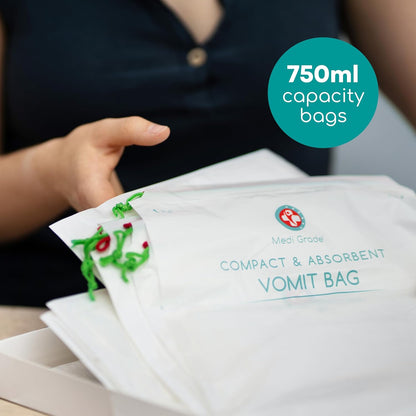 成人和儿童适用的中级吸收性一次性呕吐袋，22 件 - 旅行必备防漏呕吐袋，配有纸巾，可将呕吐物变成凝胶并防止异味 - 钱包必备旅行装呕吐袋