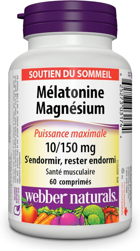 Webber Naturals Melatonin 10 mg with 150 mg of Magnesium, 60 Tablets, For Sleep Support, Muscle Function and Relaxation, Vegan