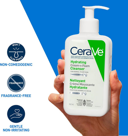 CeraVe Hydrating Cream-to-Foam Face Cleanser, One-Step Face Wash With Hyaluronic Acid & Amino Acid Complex, Gently Cleanses Skin, Non-Comedogenic, Fragrance-Free, Normal to dry skin, 562mL