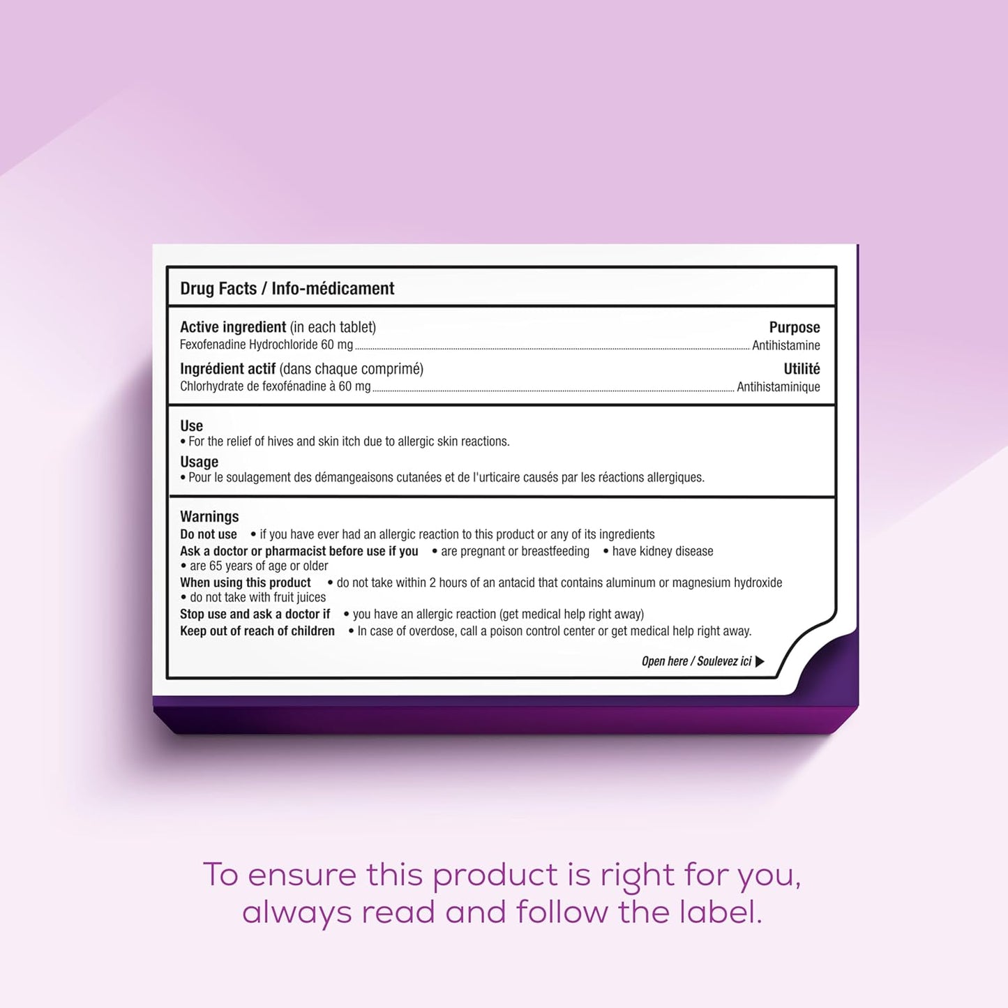 Allegra Hives，12 小时缓解荨麻疹引起的皮肤瘙痒、过敏性皮肤反应、不引起嗜睡的过敏药物，60 毫克盐酸非索非那定抗组胺药，成人和儿童（12 岁及以上），36 片