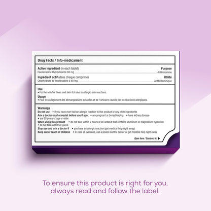 Allegra Hives，12 小时缓解荨麻疹引起的皮肤瘙痒、过敏性皮肤反应、不引起嗜睡的过敏药物，60 毫克盐酸非索非那定抗组胺药，成人和儿童（12 岁及以上），36 片