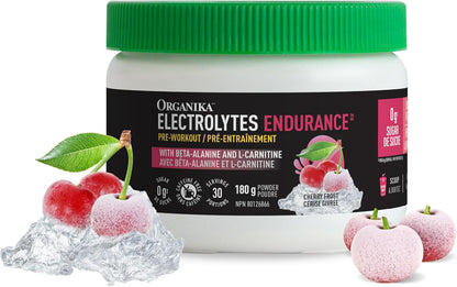 Organika 電解質耐力 - 無糖運動前補充劑，含 β-丙氨酸和左旋肉鹼 - 櫻桃霜口味 - 180 克，30 份