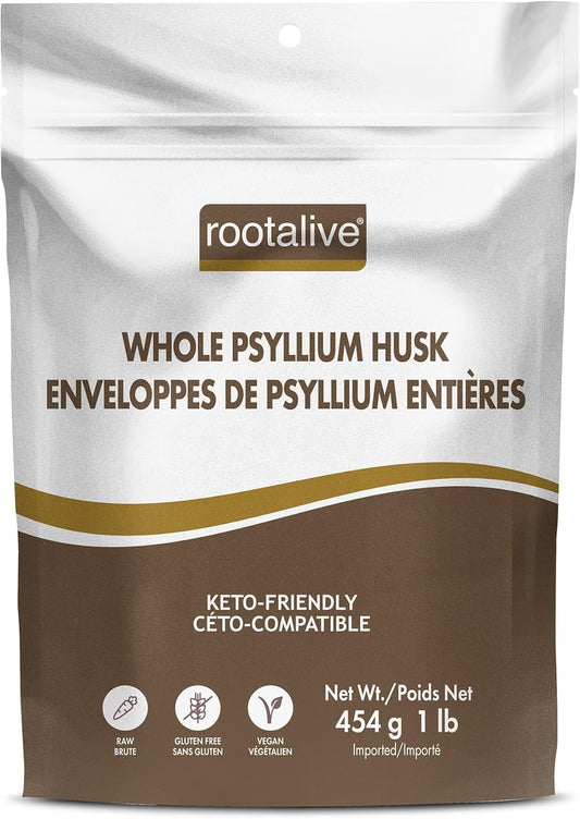 Rootalive - Whole Psyllium Husk, Psyllium Husk Whole Plant-Based Fibre for Digestive Support, Unflavored Superfood Powder with Soluble & Insoluble Fibre, Vegan, Gluten-Free, 454 grams