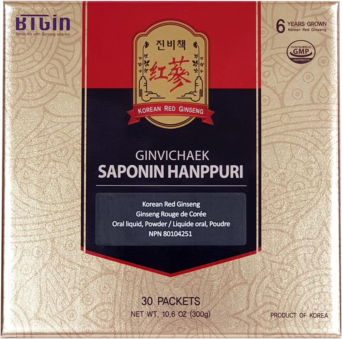 BTGIN 韩国红参提取物 3000 毫克，每日一次，皂苷 Hanppuri，增强免疫力和注意力的补充剂，含人参皂苷 Rg3，6 年生人参根，1 套 30 包