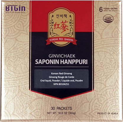 BTGIN 韩国红参提取物 3000 毫克，每日一次，皂苷 Hanppuri，增强免疫力和注意力的补充剂，含人参皂苷 Rg3，6 年生人参根，1 套 30 包