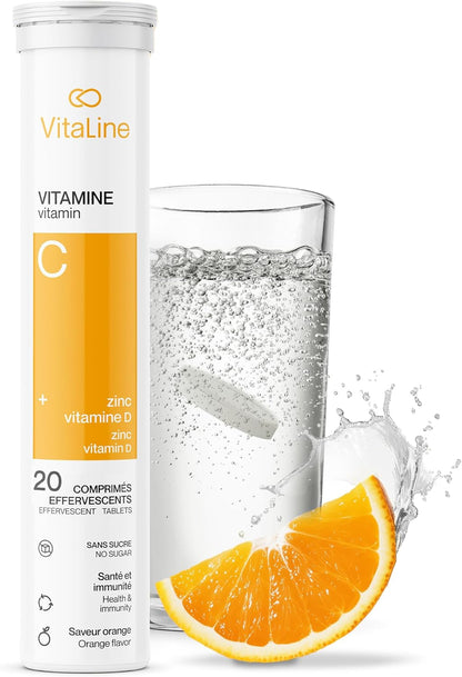 Vitaline 維生素 C 補充劑（含鋅和維生素 D）- 維生素 C 膳食補充劑，用於免疫支持 - 橙味，24 片泡騰片