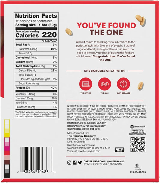 ONE Protein Bars, Peanut Butter Cup, Gluten Free Protein Bars with 20g Protein and only 1g Sugar, Snacking for High Protein Diets, 60g (12 Pack) [Packaging May Vary]