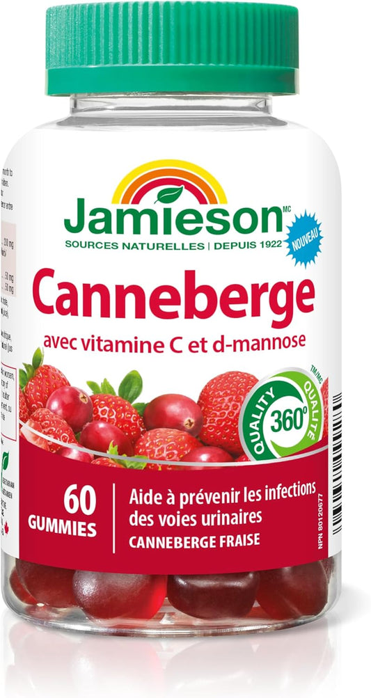 Jamieson Cranberry 10,000 mg Gummies, Cranberry Strawberry Flavour, with Vitamin C and D-Mannose. Provides UTI Protection, Immune Support, Vegetarian, Non-GMO, No Artificial Colours, Flavours, or Preservatives, 60 Count