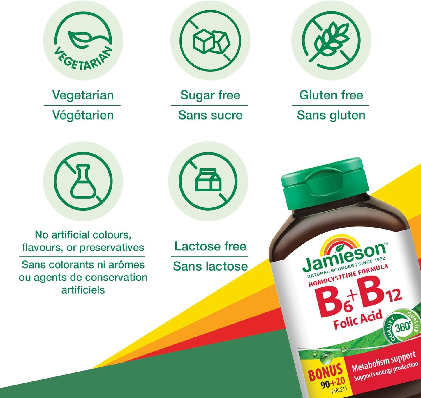 Jamieson 维生素 B6 75 微克、维生素 B12 150 微克和叶酸 800 毫克片剂，天然提升能量，增强免疫功能，促进健康孕期和胎儿发育。素食，无麸质，110 片装