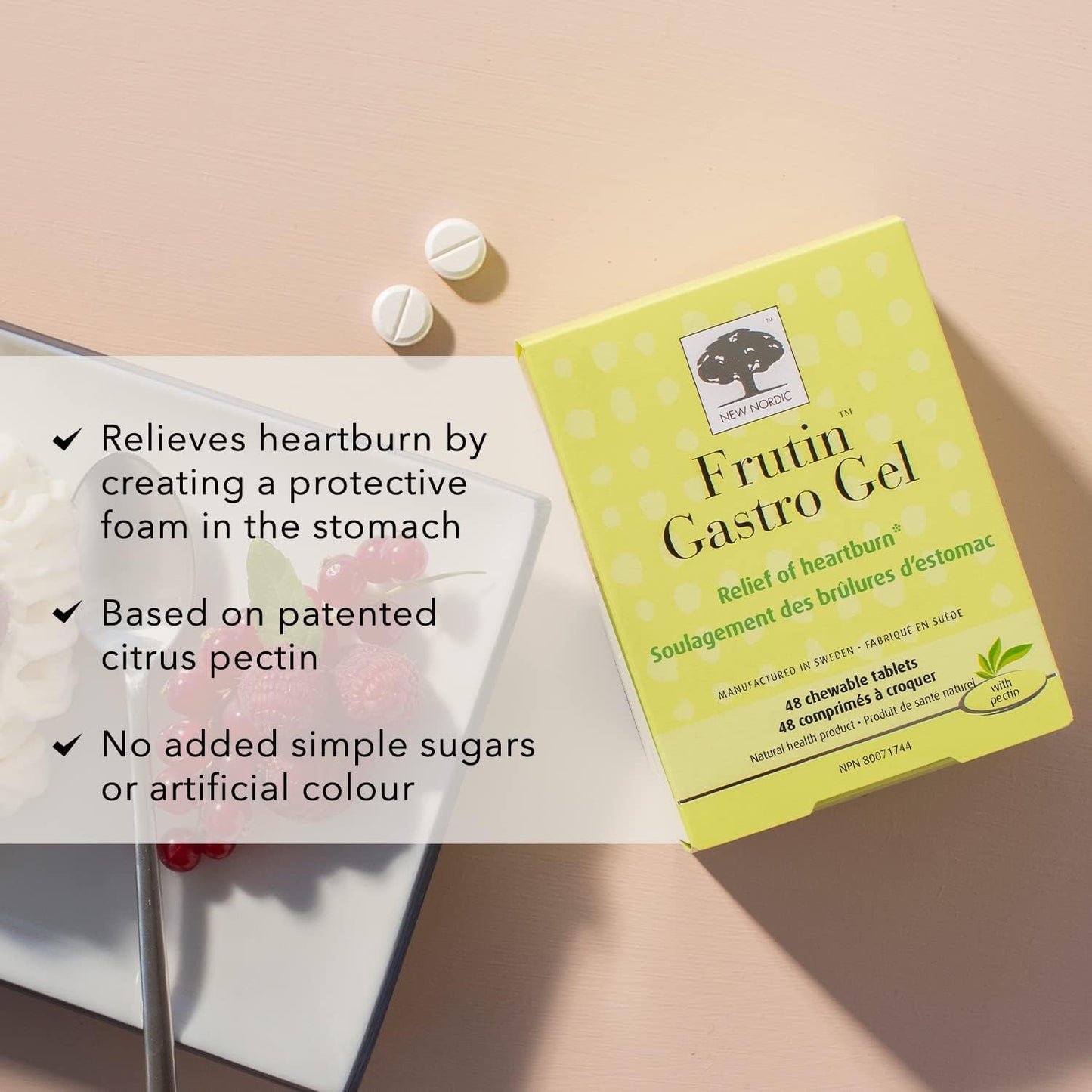 New Nordic Frutin 胃凝胶 - 无糖、素食咀嚼抗酸剂 - 支持缓解胃酸 - 采用柑橘果胶制成 - 48 片咀嚼片（2 包）