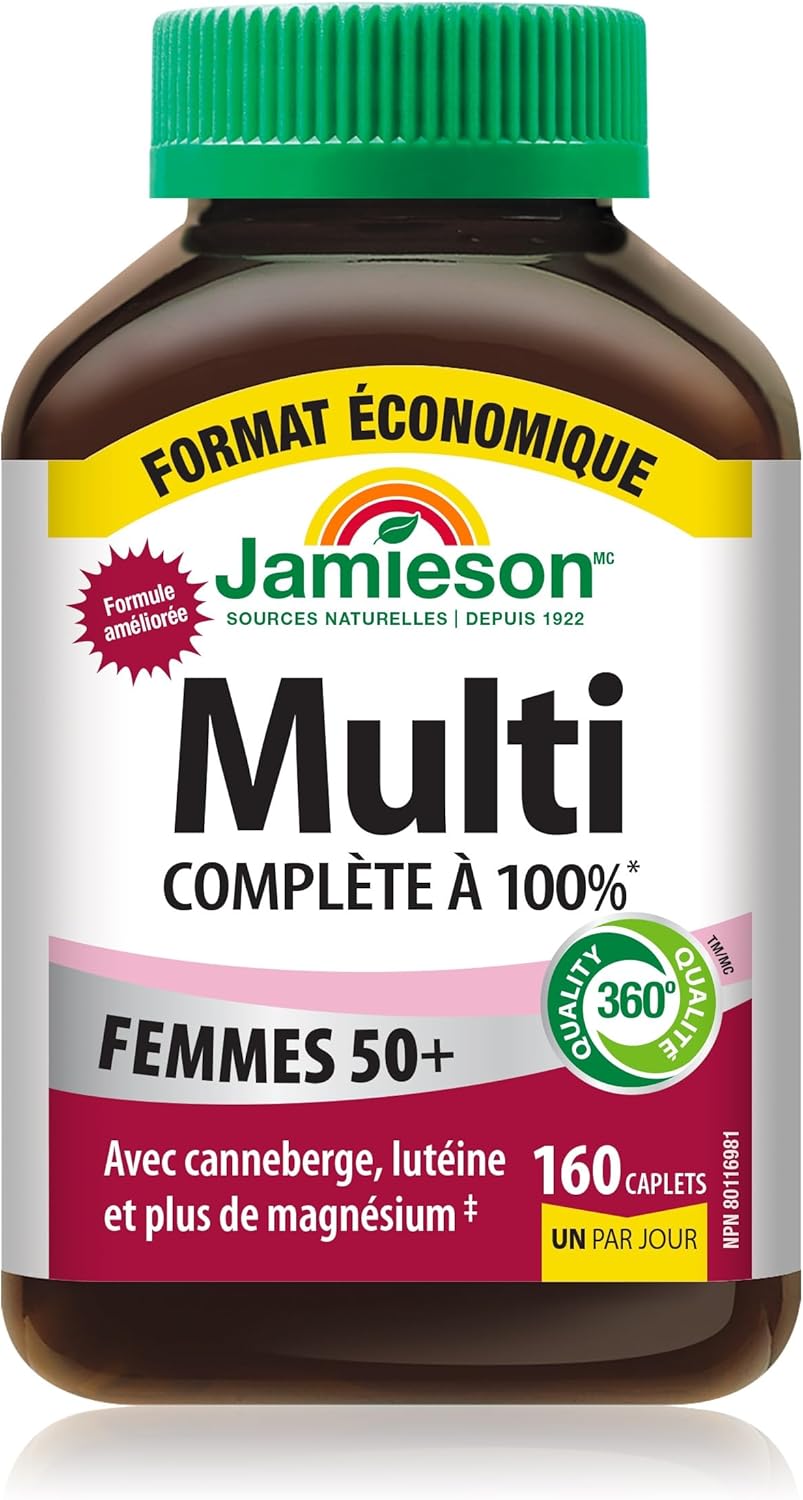 Jamieson 100% 复合维生素，适合 50 岁以上女性，含蔓越莓、叶黄素和更多镁元素。支持免疫力、能量、整体健康、眼部护理和骨骼健康，无麸质，每日一片，160 粒胶囊