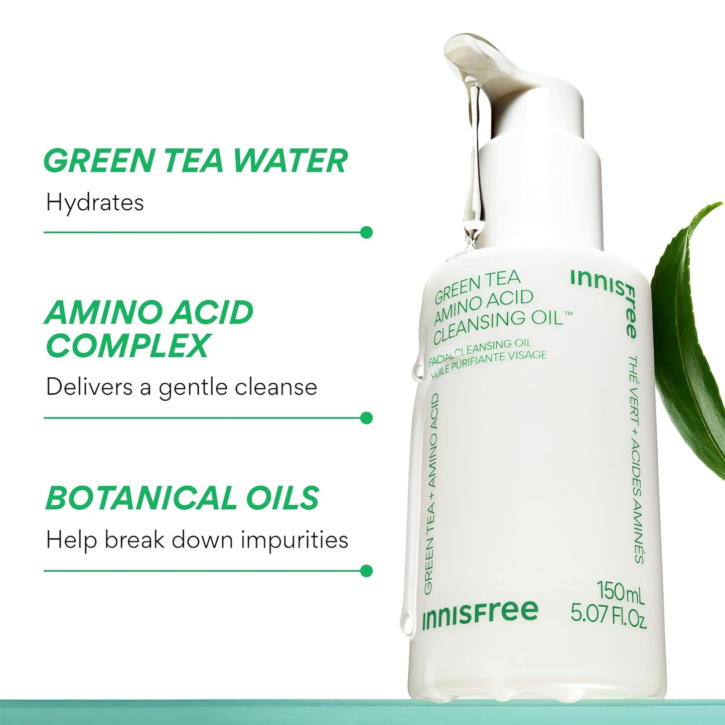 innisfree Green Tea Amino Acid Cleansing Oil, Hydrating Korean Face Wash with Jojoba, Makeup Remover, Sunscreen Dissolving Formula