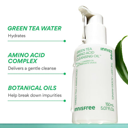 innisfree Green Tea Amino Acid Cleansing Oil, Hydrating Korean Face Wash with Jojoba, Makeup Remover, Sunscreen Dissolving Formula