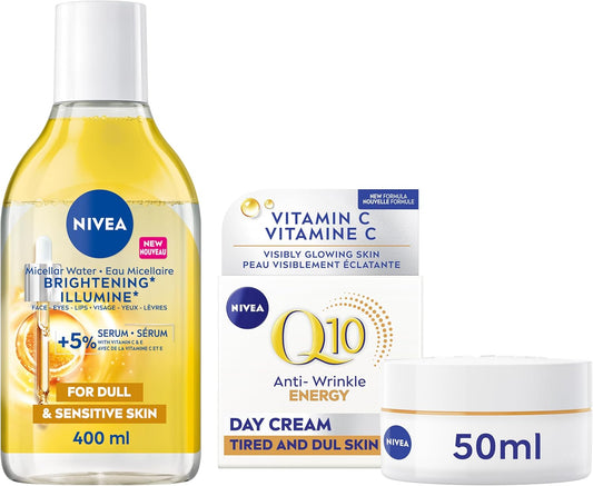 NIVEA Special Face Care Bundle: Serum Infused Skin Brightening + Micellar Water(400 mL) + Q10 Energy Anti-Wrinkle Day Face Cream(50 mL)