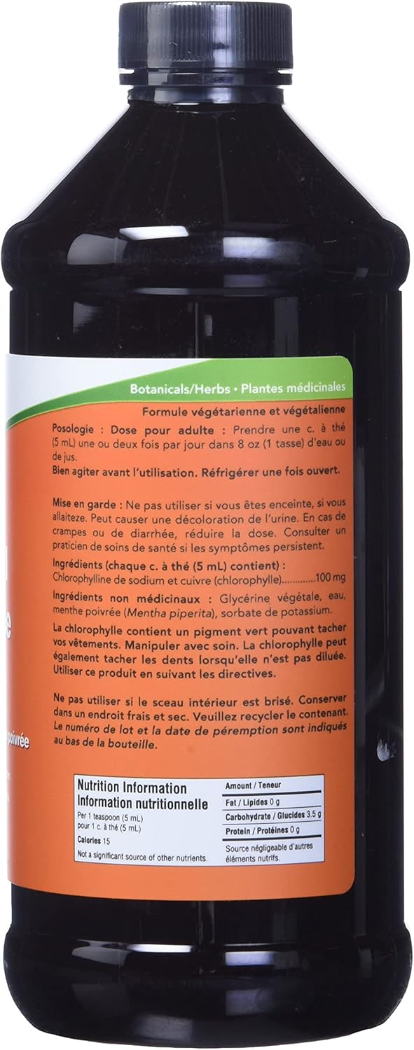 NOW Supplements, Liquid Chlorophyll, Super Concentrated, Internal Deodorizer, Mint Flavour, 473mL