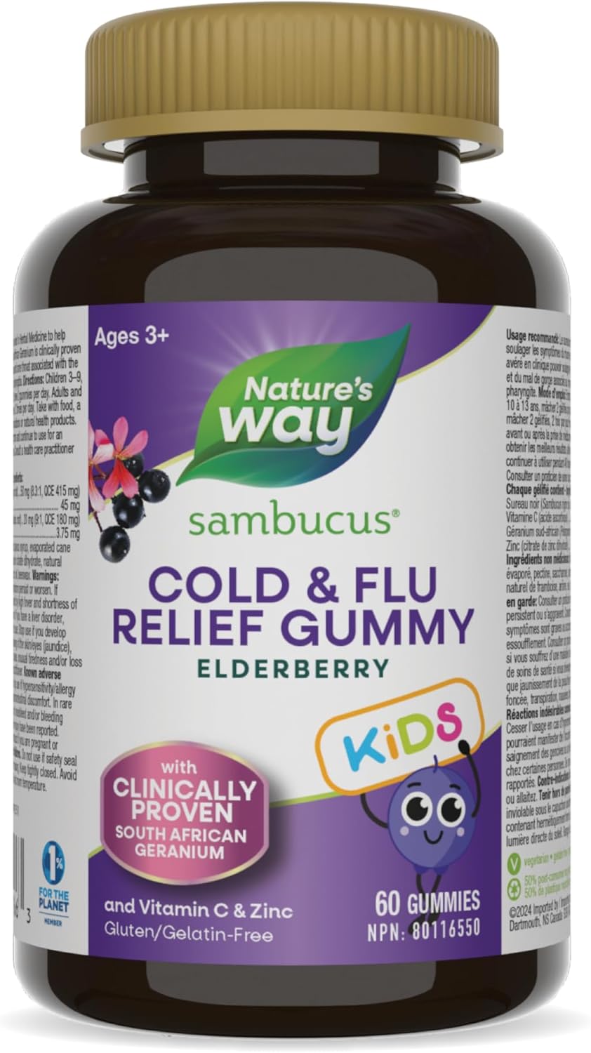 Nature's Way 接骨木感冒和流感缓解儿童接骨木软糖 – 用于草药，帮助缓解 3 岁以上儿童的症状（咳嗽、流鼻涕和喉咙痛），60 粒软糖