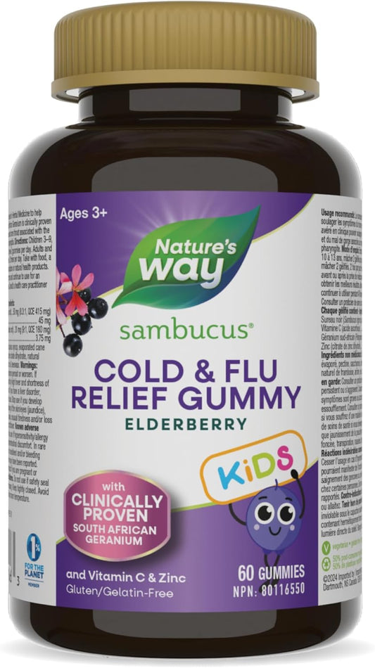Nature's Way 接骨木感冒和流感缓解儿童接骨木软糖 – 用于草药，帮助缓解 3 岁以上儿童的症状（咳嗽、流鼻涕和喉咙痛），60 粒软糖