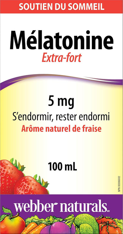 Webber Naturals Melatonin 5 mg Extra Strength Liquid, 100 mL, Strawberry Flavour, For Sleep Support, Vegan