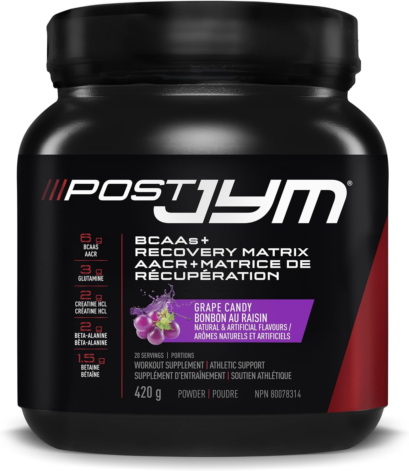 Post JYM Active Matrix，運動後補充劑，含支鏈胺基酸、麩醯胺酸、鹽酸肌酸、β-丙胺酸等，JYM Supplement Science，葡萄味糖果，20 份