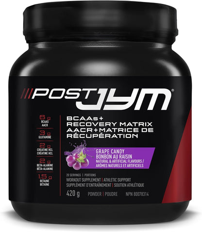 Post JYM Active Matrix，運動後補充劑，含支鏈胺基酸、麩醯胺酸、鹽酸肌酸、β-丙胺酸等，JYM Supplement Science，葡萄味糖果，20 份