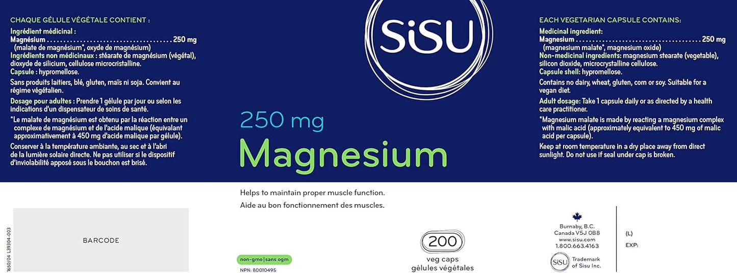 SISU 鎂每粒膠囊 250 毫克 | 支持心臟功能和肌肉力量 | 有助於預防頭痛和偏頭痛 | 含蘋果酸 | 非基因改造、純素、無麩質、無乳製品、無大豆