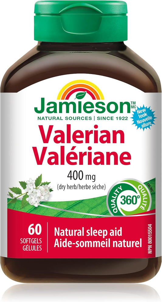 Jamieson Valerian 400 mg, Calming, Melatonin-Free, Natural Herbal-Based Sleep Aid, Reduces Nervousness and Restlessness. Gluten-Free, 60 Softgels, Proudly Canadian