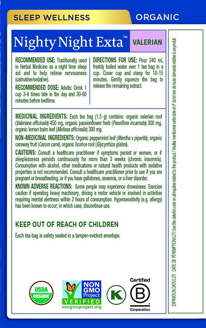 Traditional Medicinals - 有机 Nighty Night Extra 草本茶（6 包）- 天然助眠成分，含缬草、西番莲和柠檬香蜂草 - 共 96 个茶包