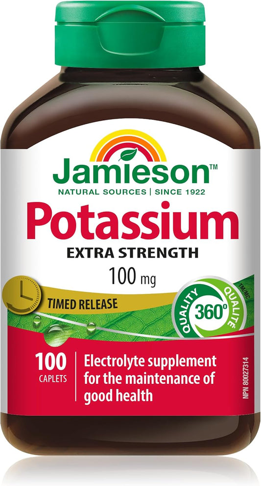 Jamieson 強效鉀 100 毫克緩釋片，支持肌肉和神經功能，補充電解質，有助於預防鉀缺乏症。素食，無麩質，100 粒膠囊，加拿大製造