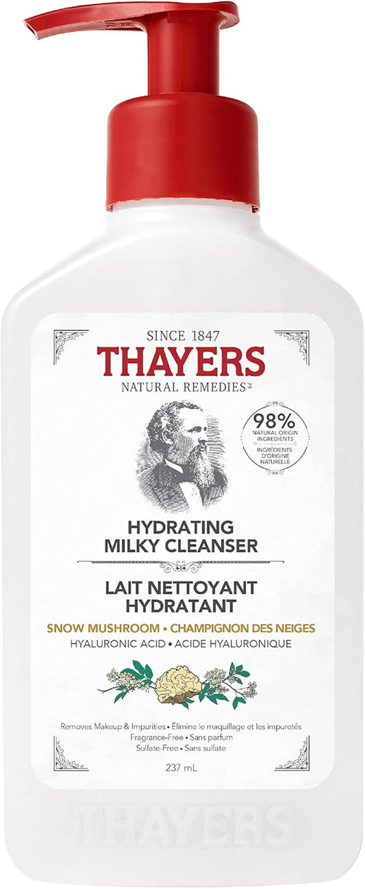 THAYERS Milky Hydrating Face Cleanser with Snow Mushroom and Hyaluronic Acid, Dermatologist Recommended Gentle Facial Wash and Hydrating Skincare for Dry and Sensitive Skin, Paraben Free, 8 FL Oz