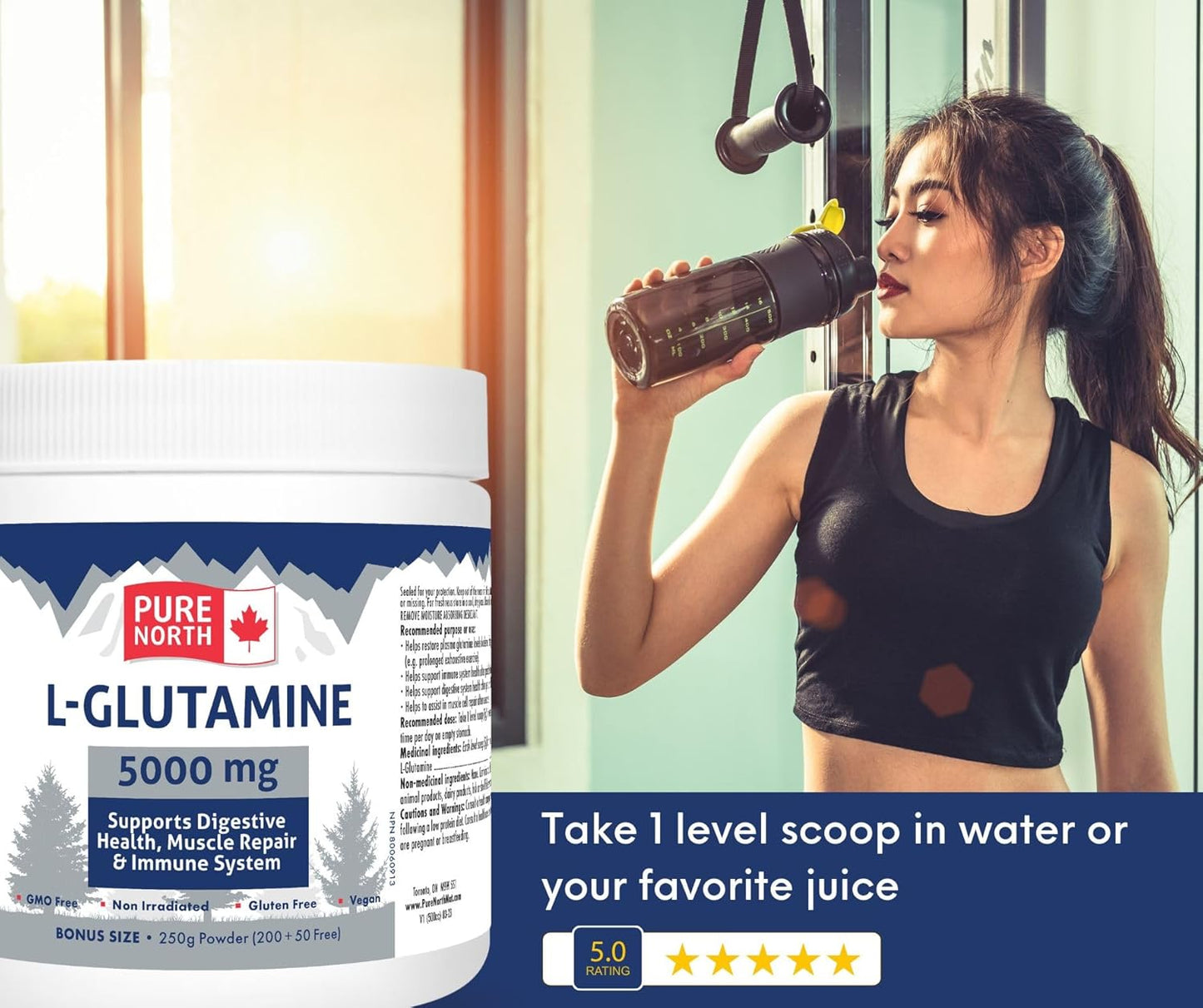Pure North Naturals - L-谷氨酰胺 5000 毫克，250 克粉劑，50 份 - 腸道健康和消化健康 - 支持肌肉修復和支持免疫系統 - 經第三方測試 - 加拿大配製和製造
